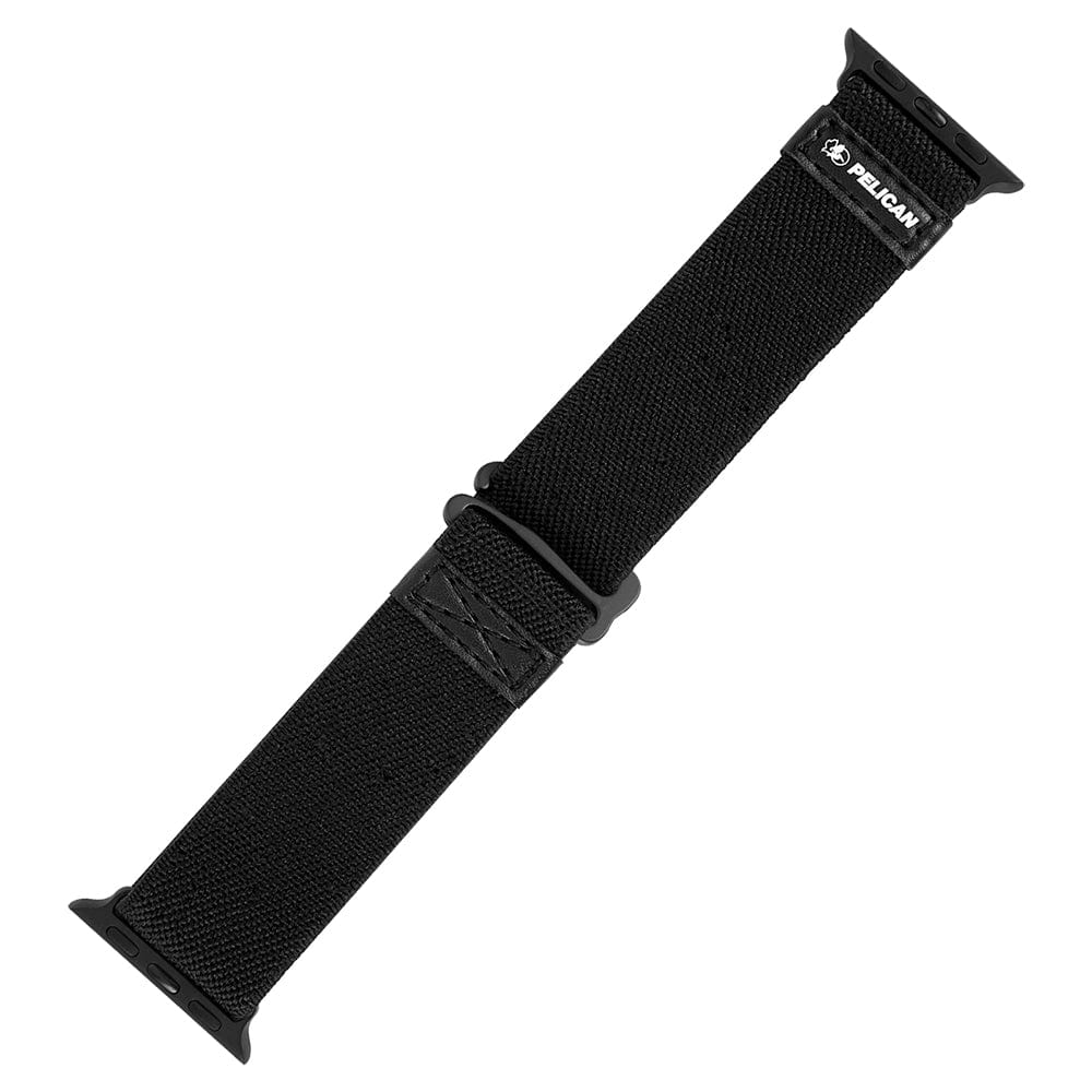 Black woven Apple Watch band with Pelican branding and adjustable closure for 38-42mm models.