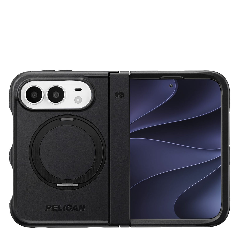 Black Pelican foldable phone case shown open with a smartphone inside, featuring a magnetic ring on the back and the Pelican brand name near the 
bottom.

#color_protector black