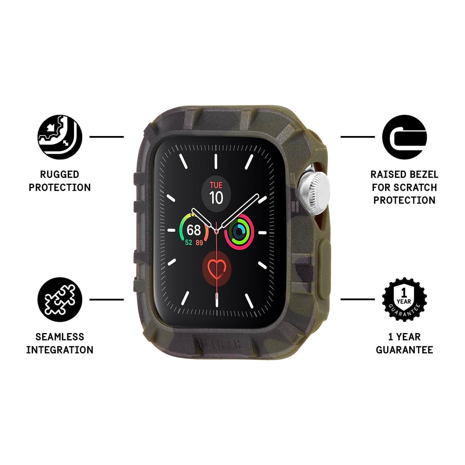 Features Rugged Protection, Seamless Integration, Raised Bezel for Scratch Protection, 1 year guarantee. color::Camo Green