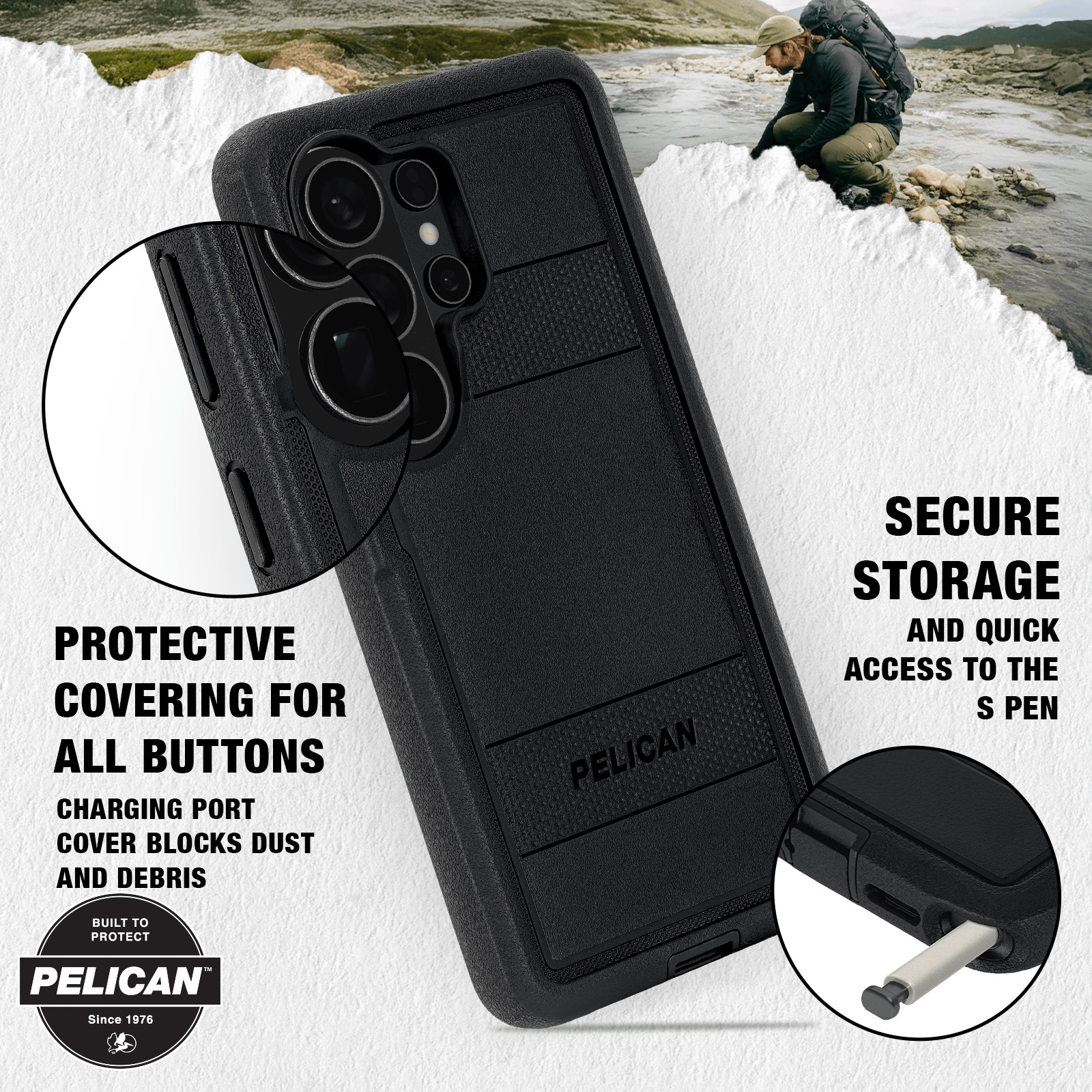 Protective covering for all buttons, charging port cover blocks dust and debris, secure storage and quick access to the S pen
