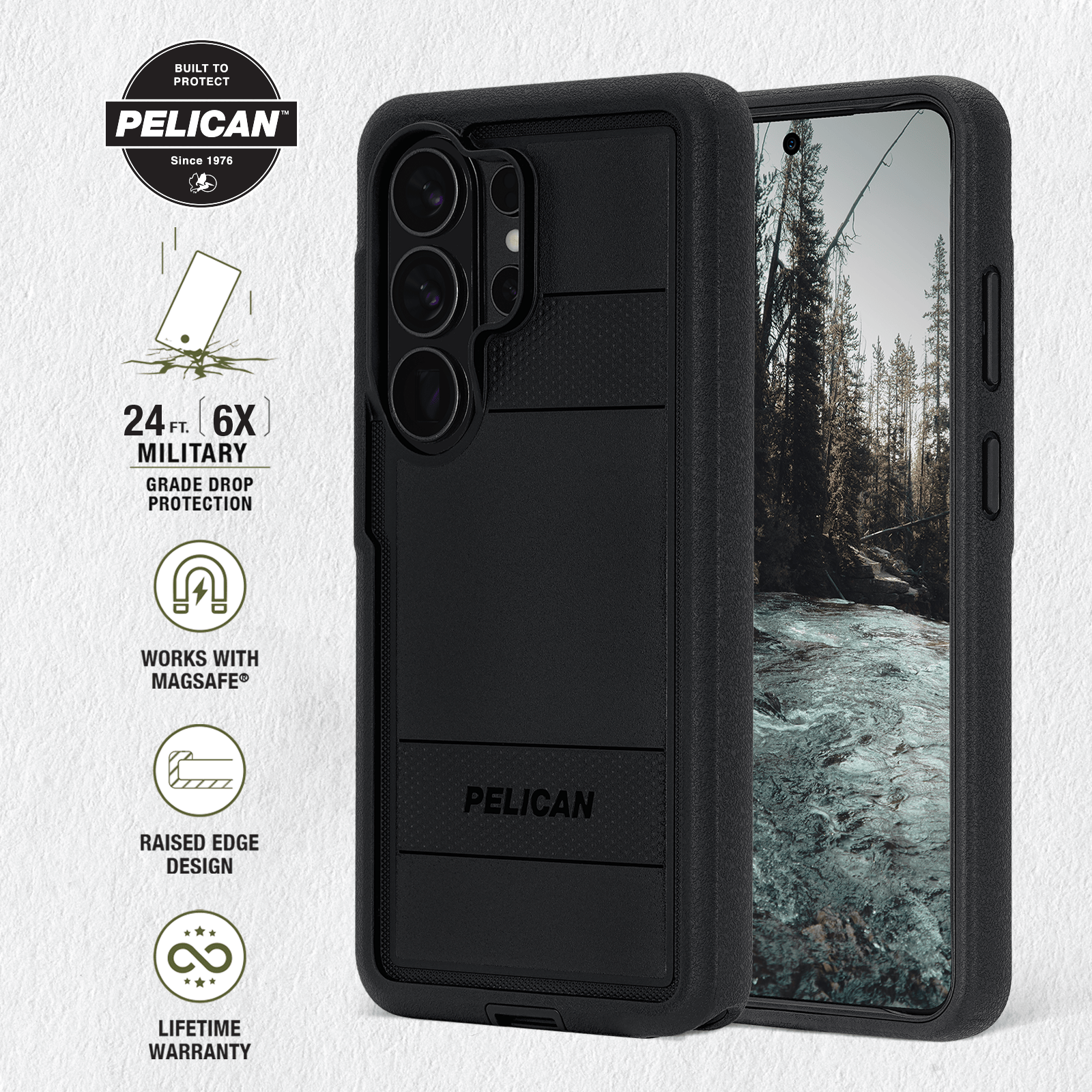 Built to Protect Pelican, 24 foot 6x military grade drop protection, works with magsafe, raised edge design, lifetime warranty