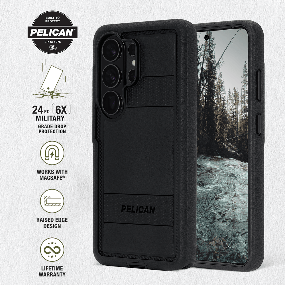 Built to Protect Pelican, 24 foot 6x military grade drop protection, works with magsafe, raised edge design, lifetime warranty