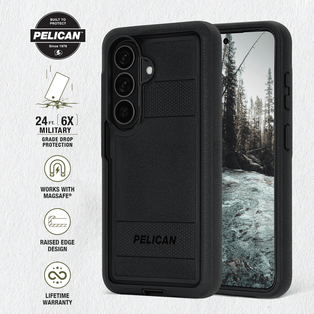 Built to Protect Pelican, 24 foot 6x military grade drop protection, works with magsafe, raised edge design, lifetime warranty
