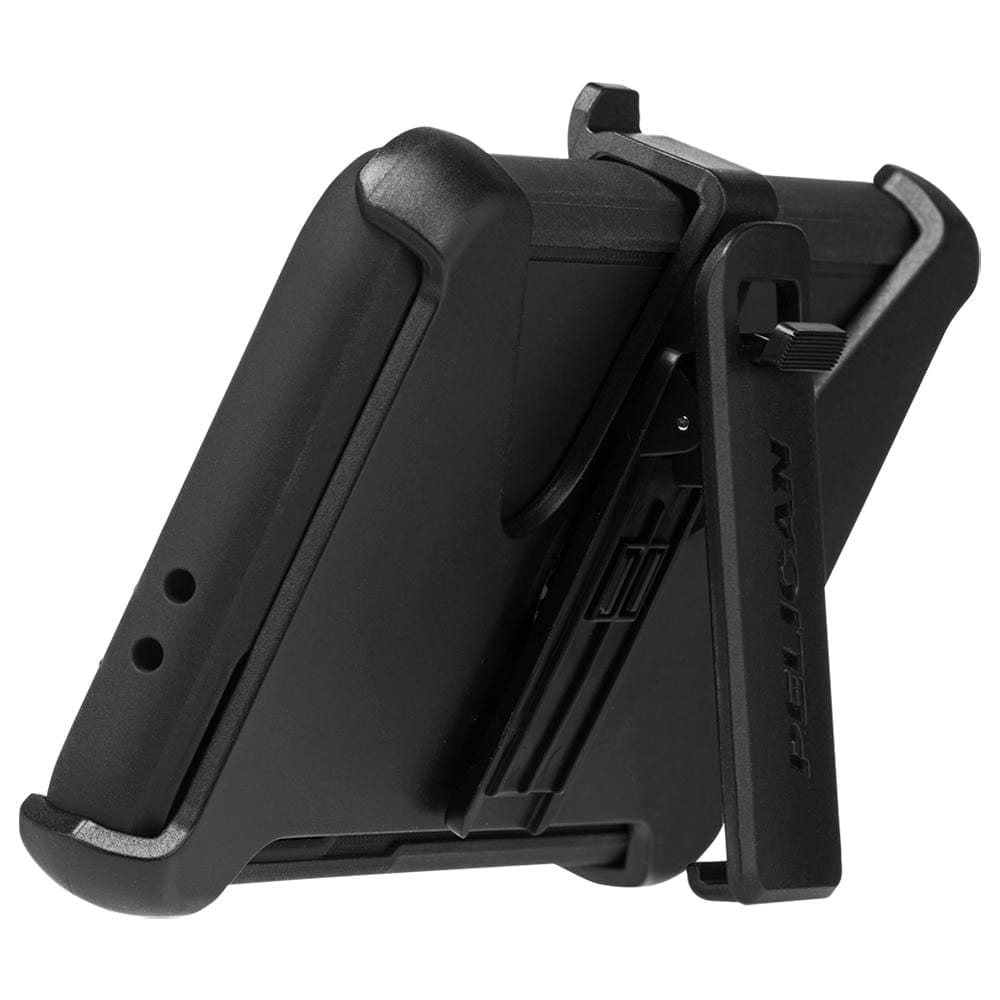 Pelican Voyager propped up horizontally on built-in stand/ holster. color::Black