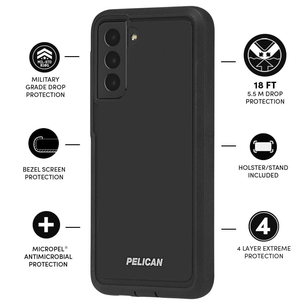 Features Military grade drop protection, bezel screen protection, Micropel Antimicrobial Protection, 18 FT drop protection, Holster/ Stand Included, 4 Layer Extreme Protection. color::Black