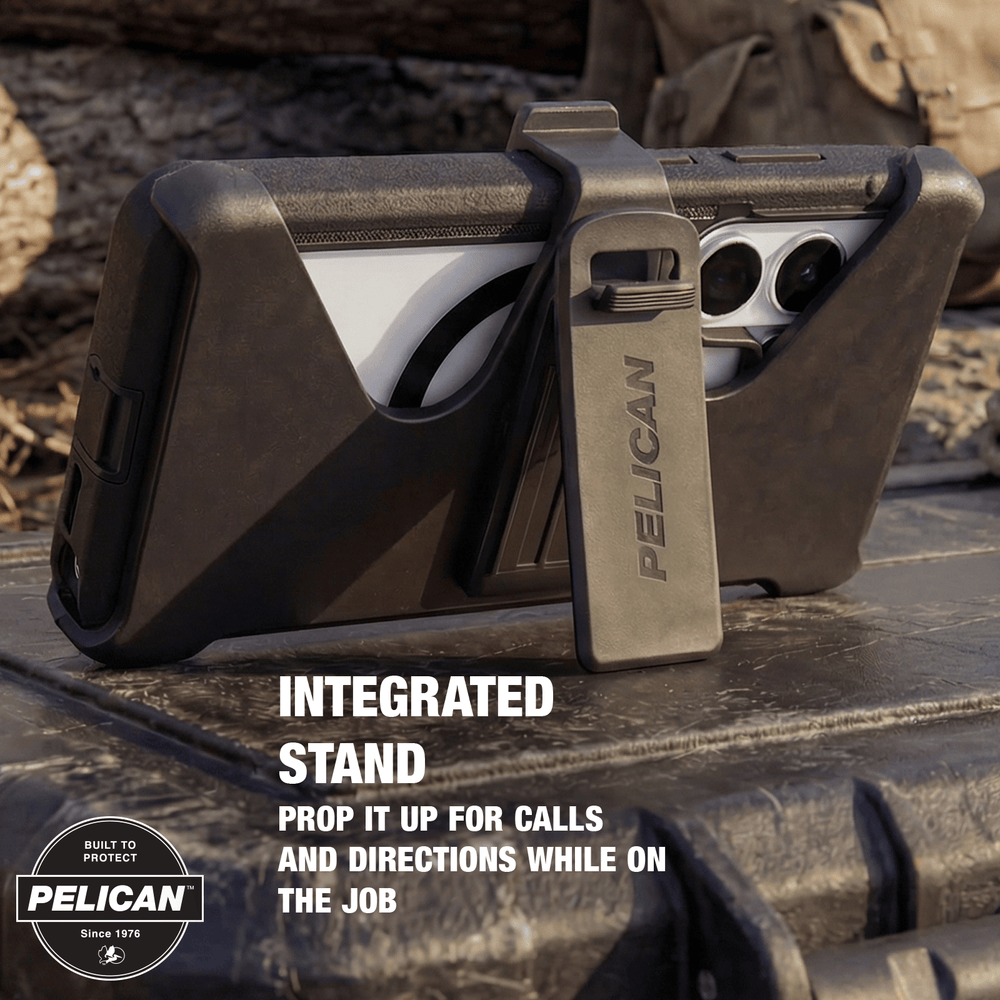 Integrated stand prop it up for calls and directions while on the job