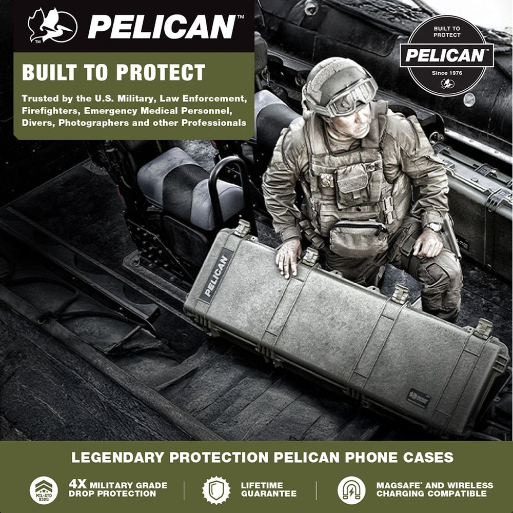 Pelican, built to protect, Trusted by the U.S. Military, Law Enforcement, Firefighters, Emergency Medical Personnel, Divers Photographers and other professionals, legendary protection pelican phone cases, 4x military grade drop protection, lifetime guarantee, magsafe and wireless charging compatible