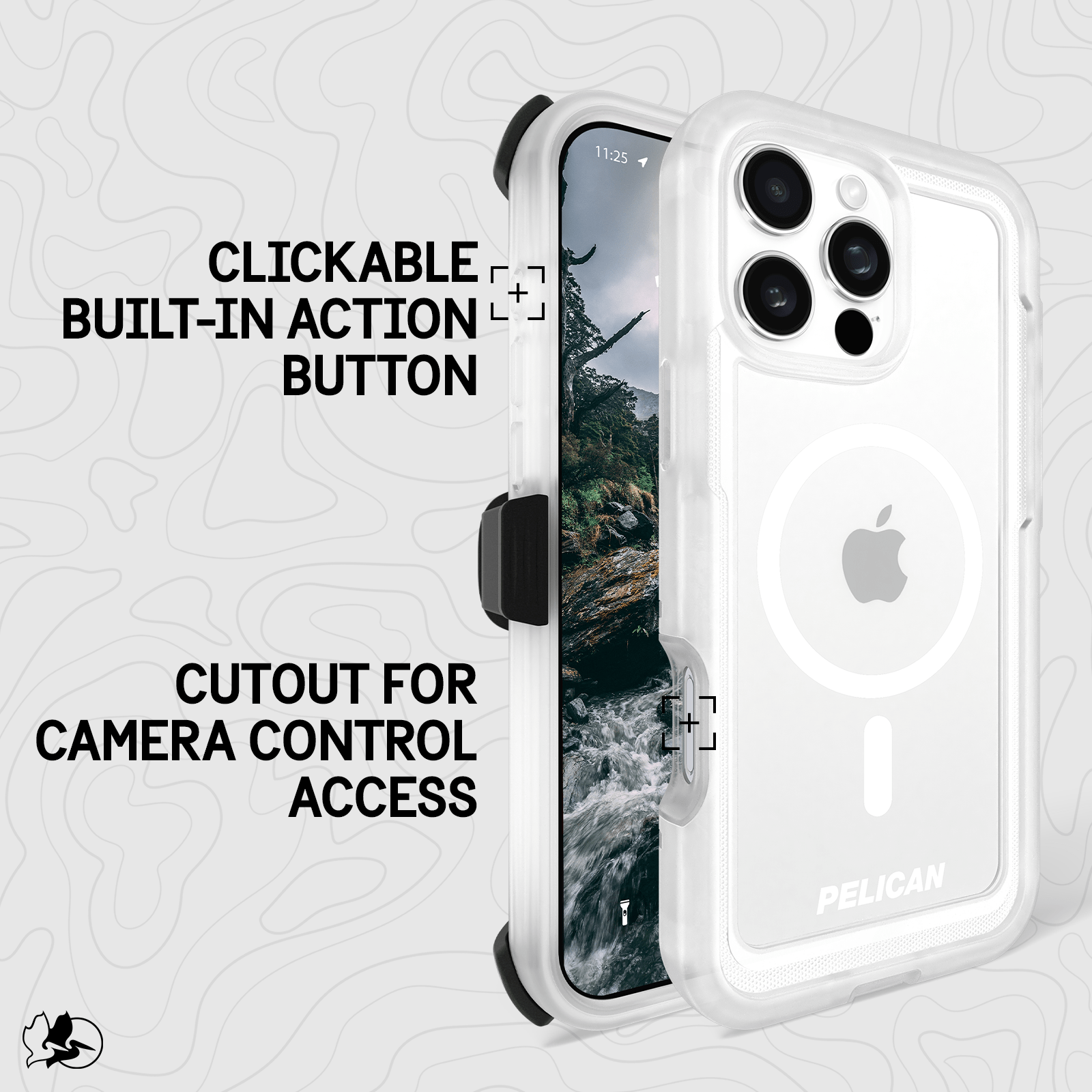 CLICKABLE BUILT IN ACTION BUTTON. CUTOUT FOR CAMERA CONTROL ACCESS. 
