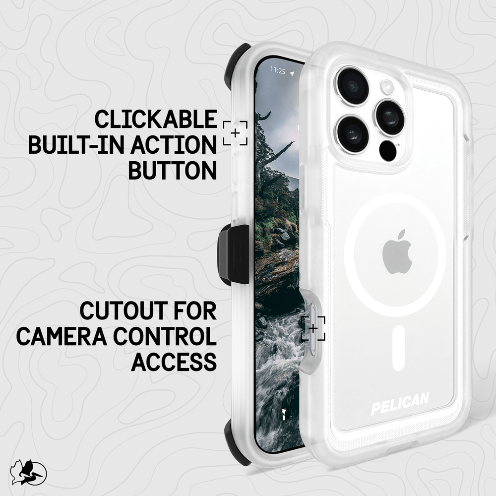 CLICKABLE BUILT IN ACTION BUTTON. CUTOUT FOR CAMERA CONTROL ACCESS. 
