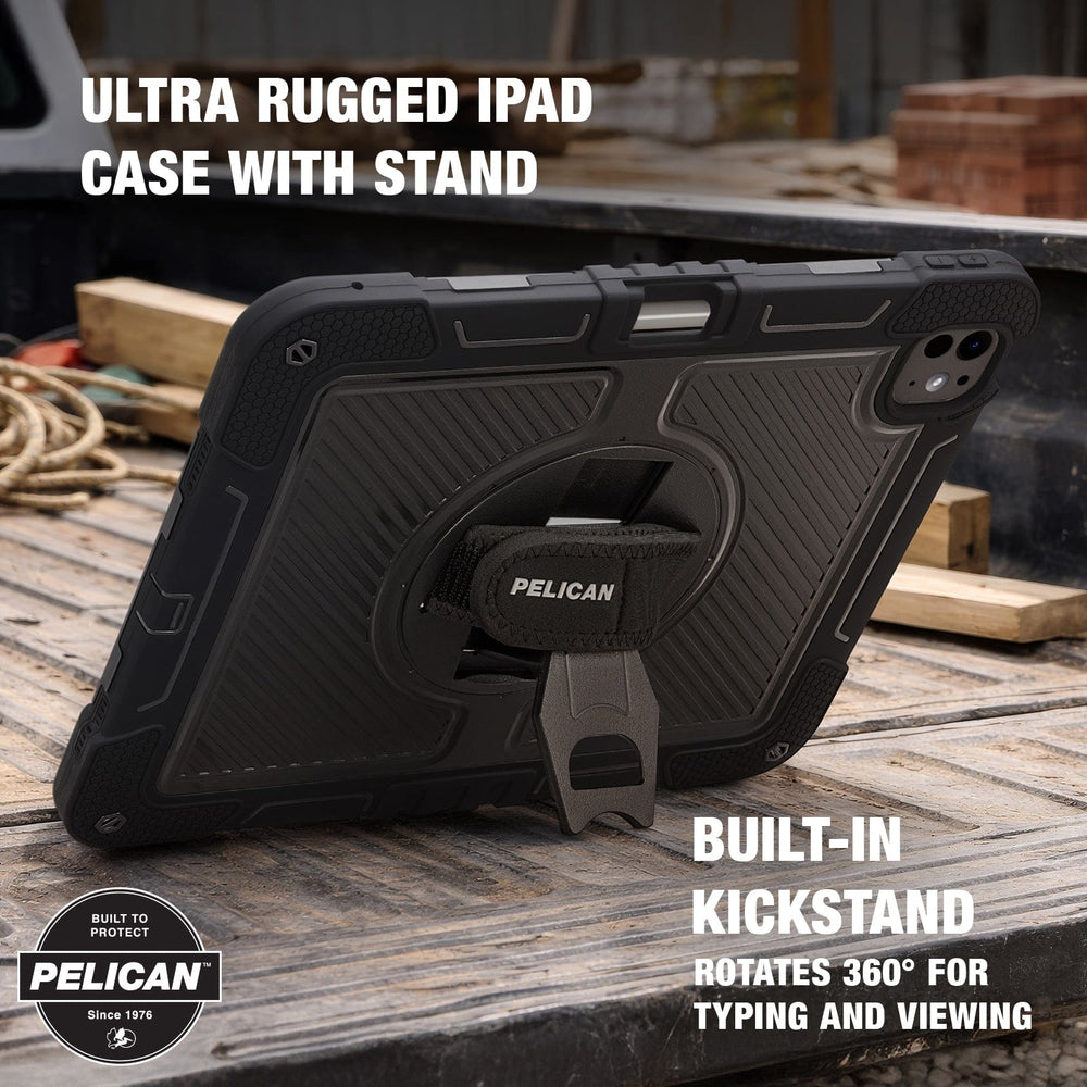 Ultra rugged iPad case with stand, built-in kickstand rotates 360 degree for typing and viewing