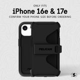 Black Pelican protective phone case for iPhone 16e & 17e, featuring a built-in kickstand and a camera cutout, shown against a light gray patterned background with text indicating compatibility.