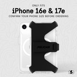 Black Pelican phone case accessory shown on a clear iPhone 16e & 17e case, with text stating 'ONLY FITS iPhone 16e & 17e' and 'CONFIRM YOUR PHONE SIZE BEFORE ORDERING' on a light gray patterned background.