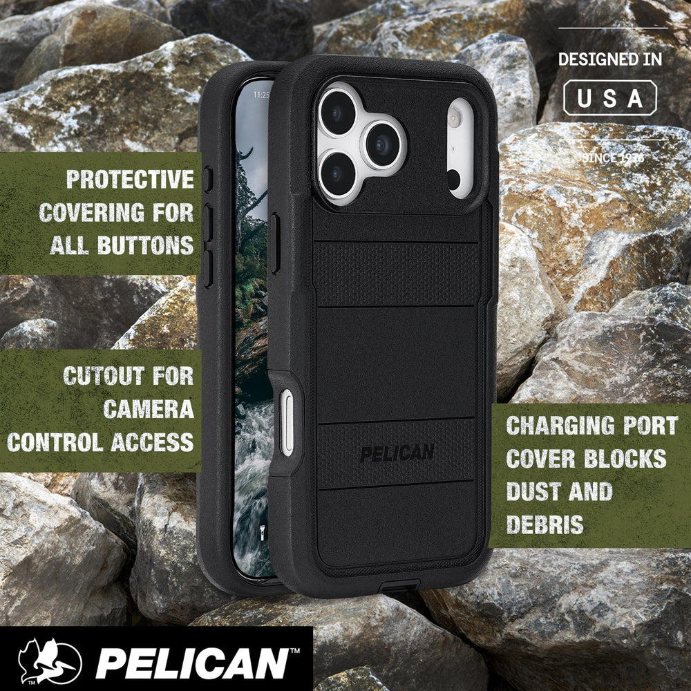 Protective covering for all buttons, cutout for camera control access, charging port cover blocks dust and debris 