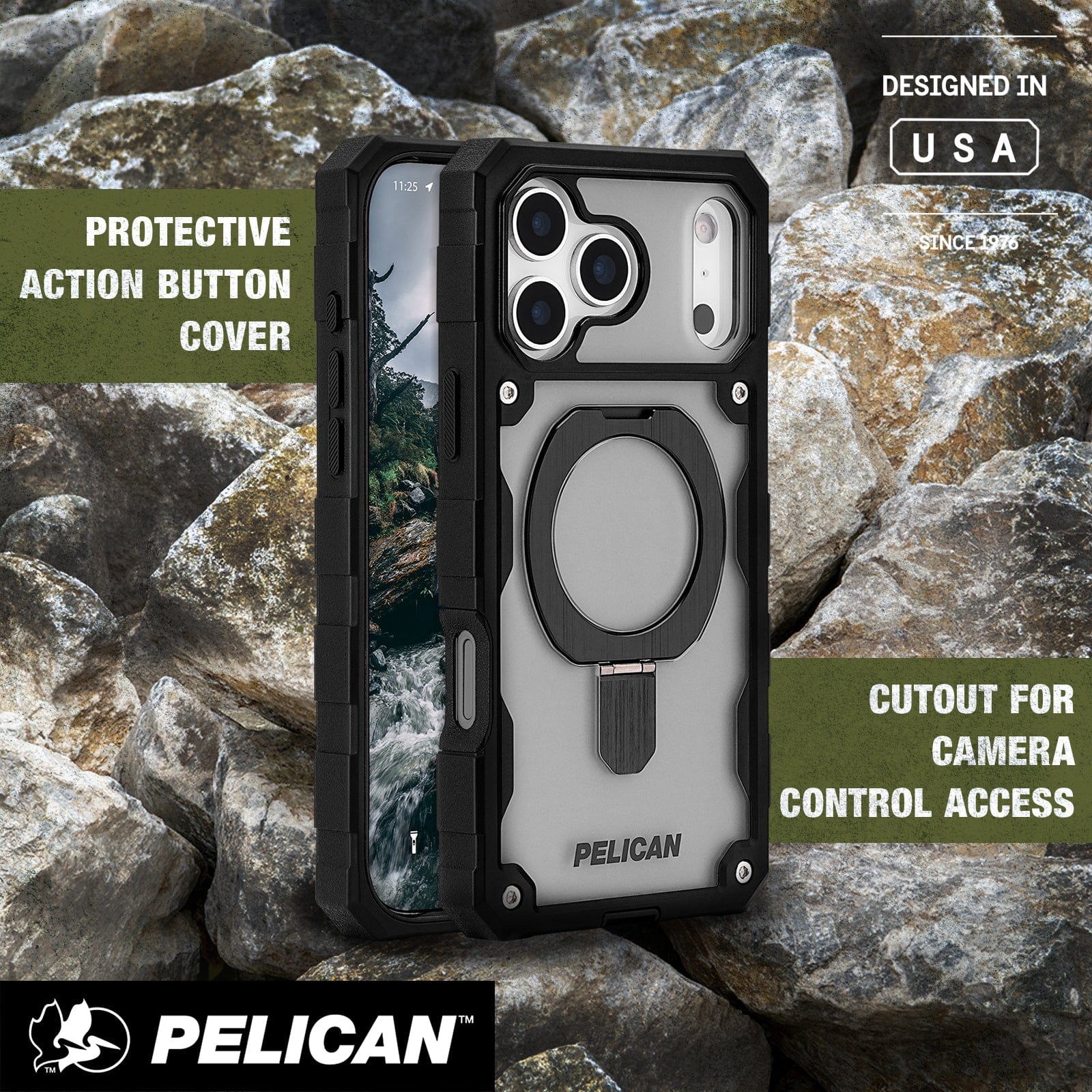 Protective action button cover, cutout for camera control access 