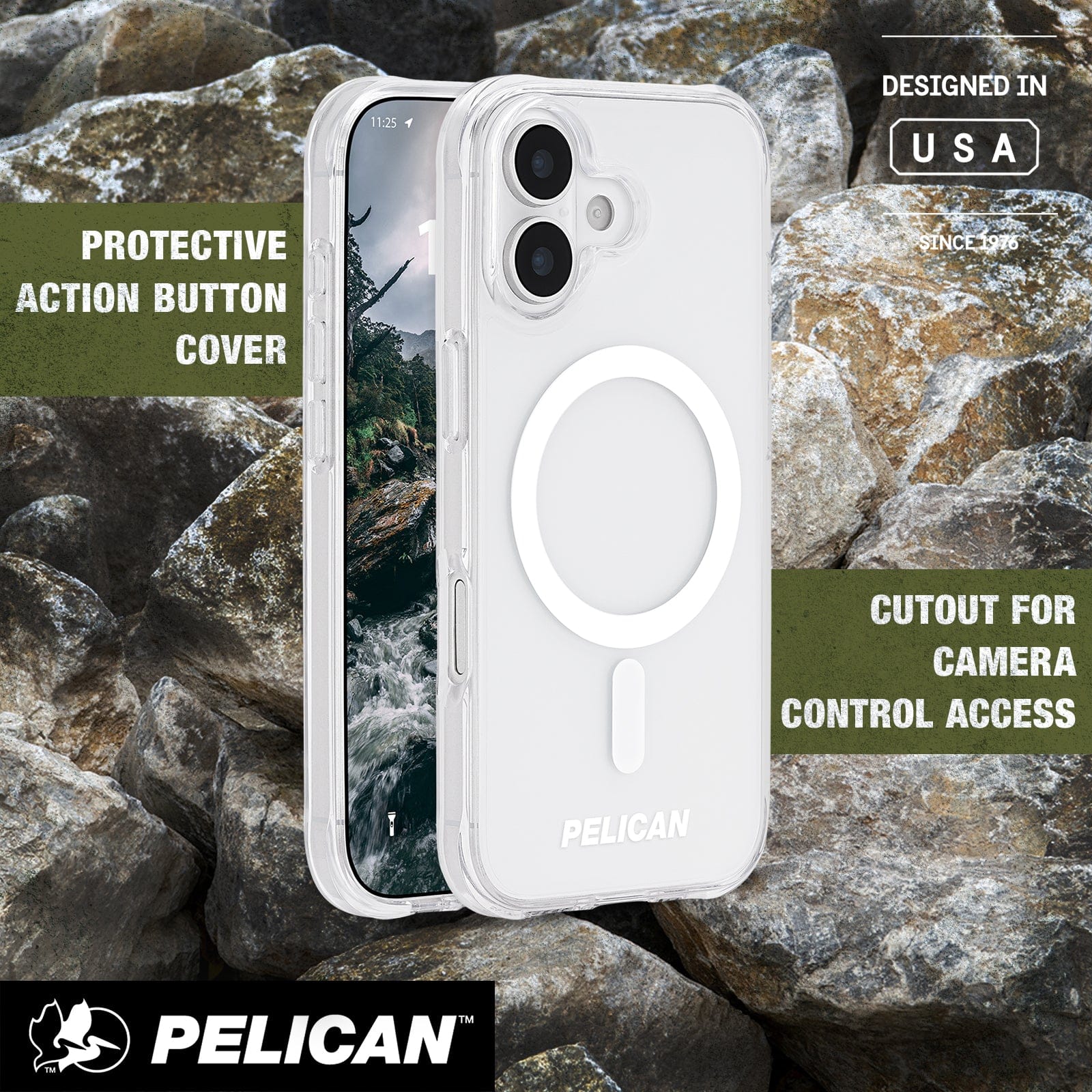PROTECTIVE ACTION BUTTON COVER. CUTOUT FOR CAMERA CONTROL ACCESS 