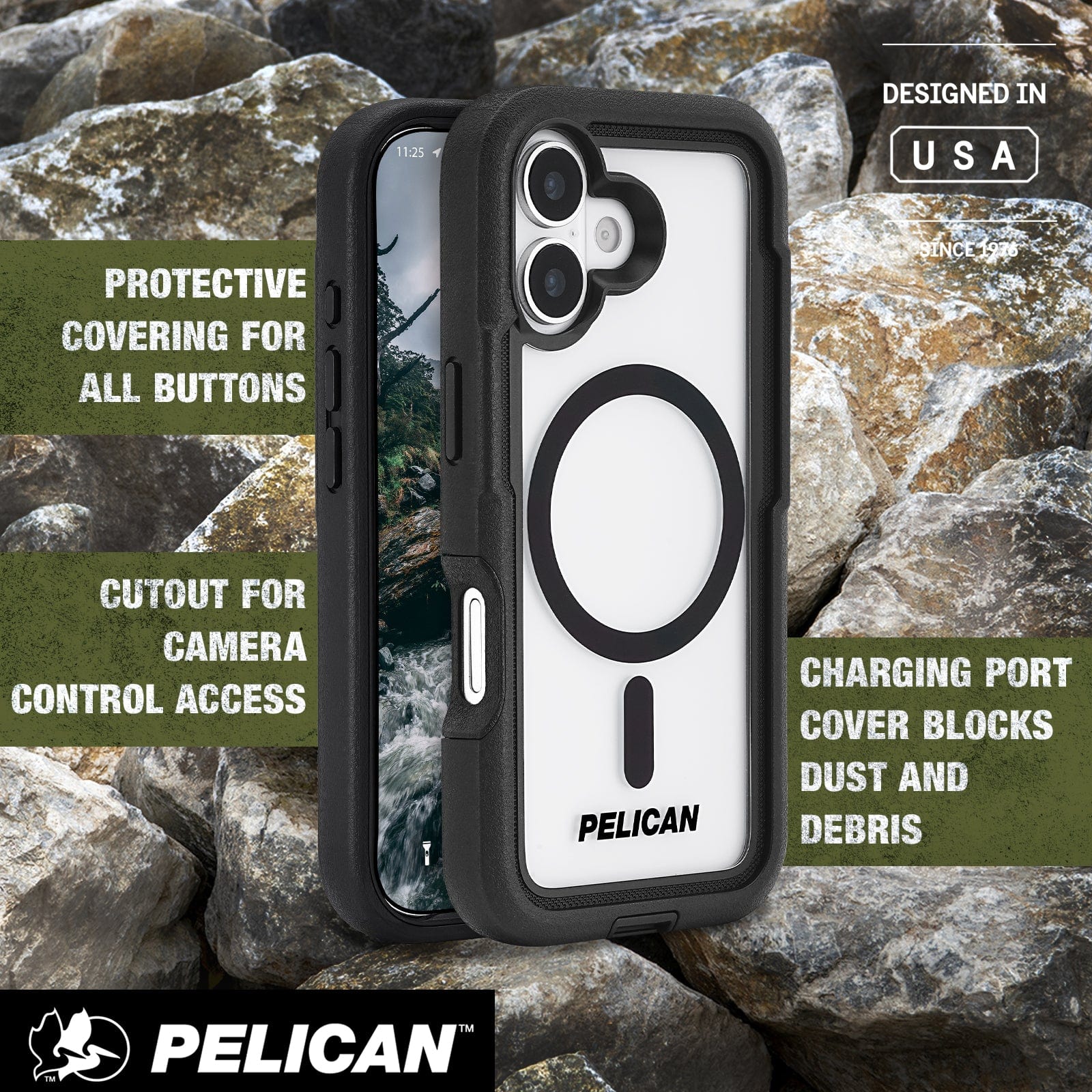 Protective covering for all buttons, cutout for camera control access, charging port cover blocks dust and debris 