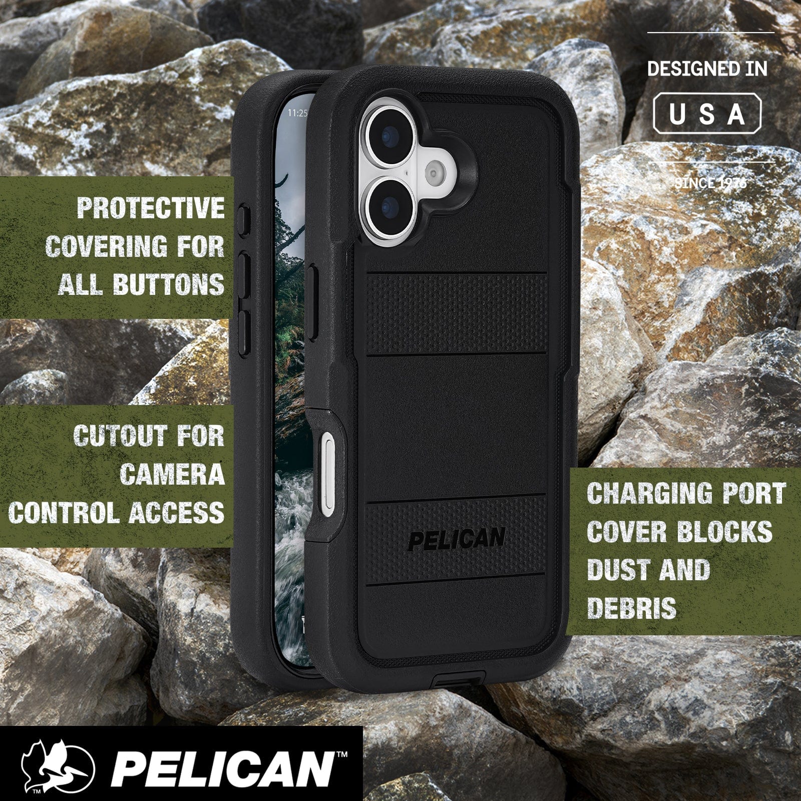Protective covering for all buttons, cutout for camera control access, charging port cover blocks dust and debris 