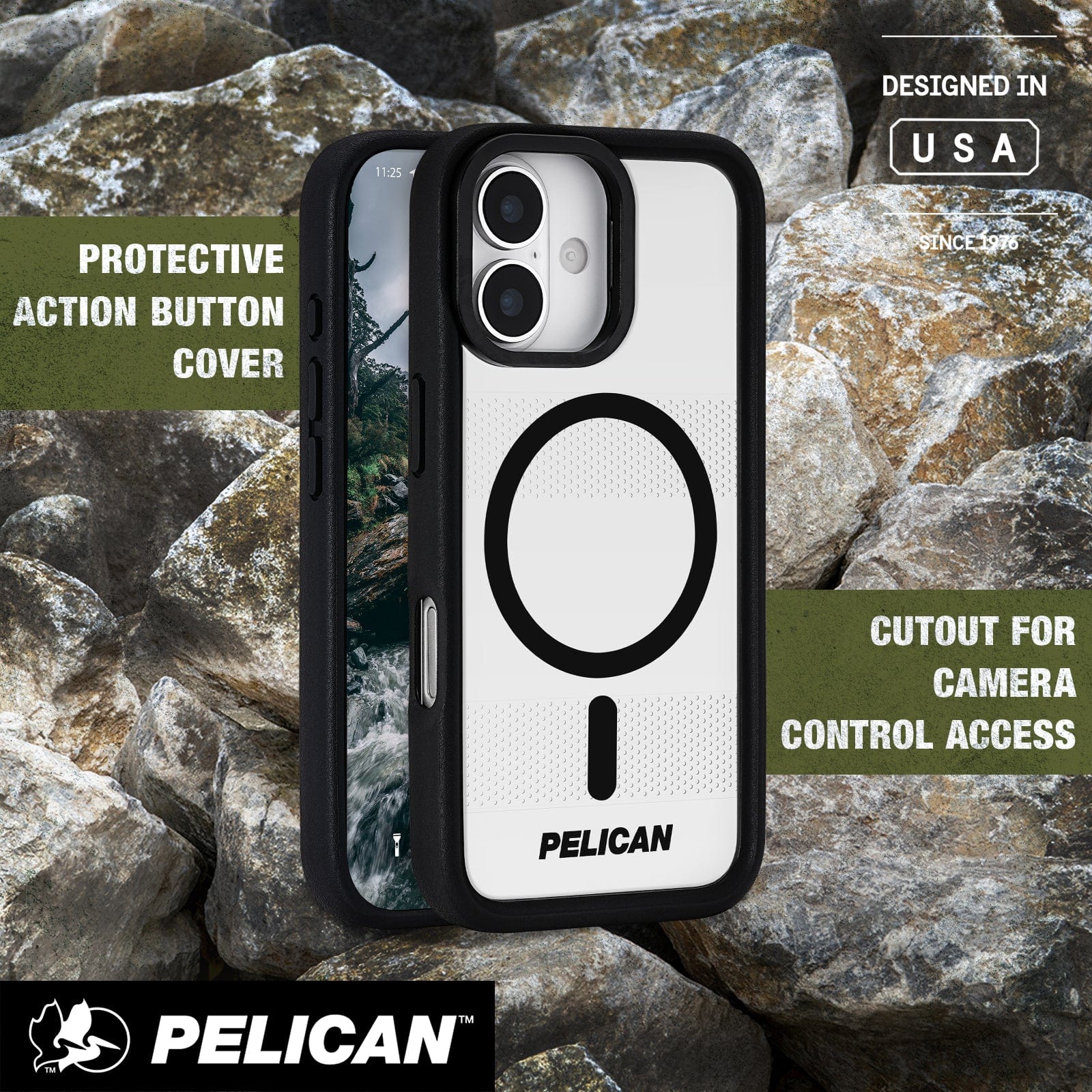 Protective action button cover, cutout for camera control access 