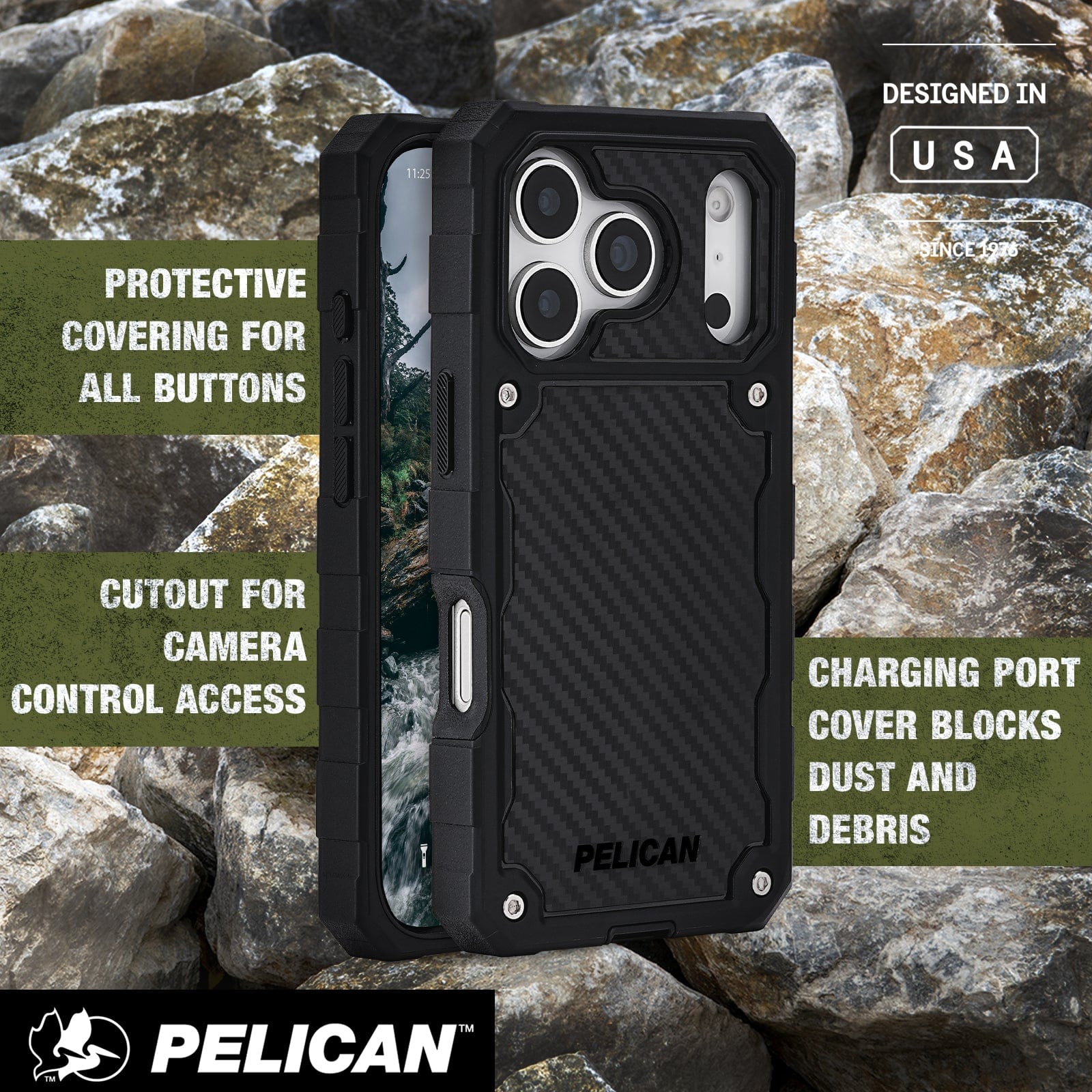 Protective covering for all buttons, cutout for camera control access, charging port cover blocks dust and debris 