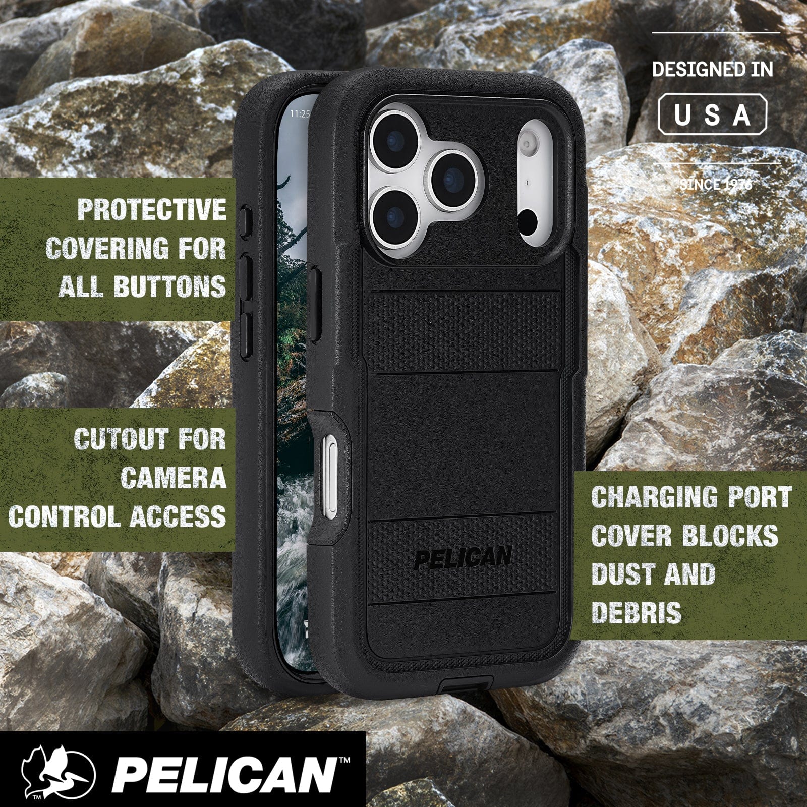 Protective covering for all buttons, cutout for camera control access, charging port cover blocks dust and debris 