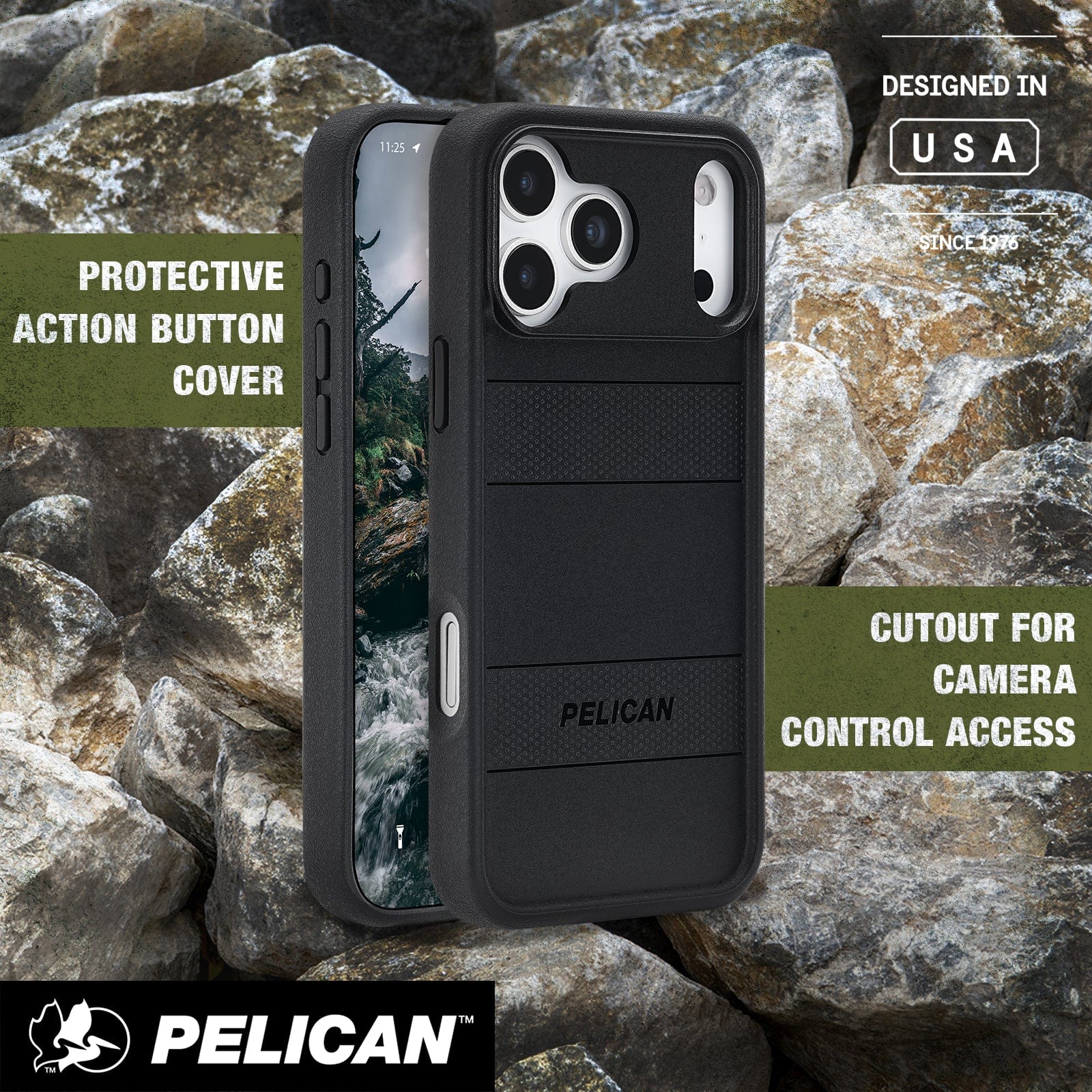 Protective action button cover, cutout for camera control access