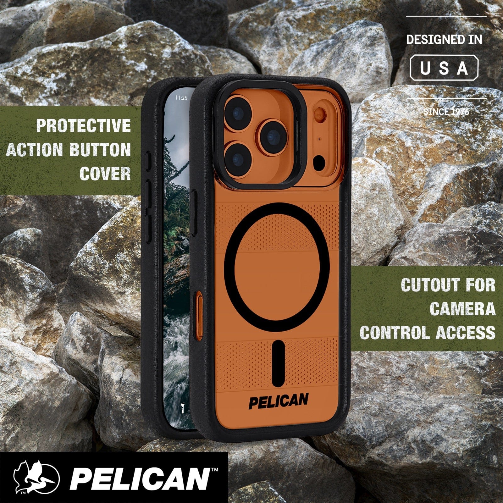 Protective action button cover, cutout for camera control access 