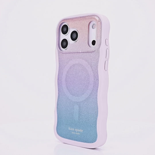 Rotating iPhone 17 showcasing Kate Spade Wavy Opal Glitter Case