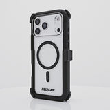 Rotating iPhone 17 showcasing Pelican Voyager Clear / Black Case