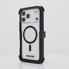Rotating iPhone 17 showcasing Pelican Voyager Clear / Black Case