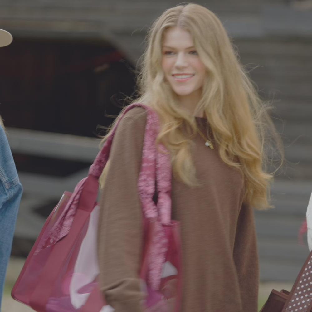 Women walking around in a farm setting with Jelly Totes
#color_mulberry twilly