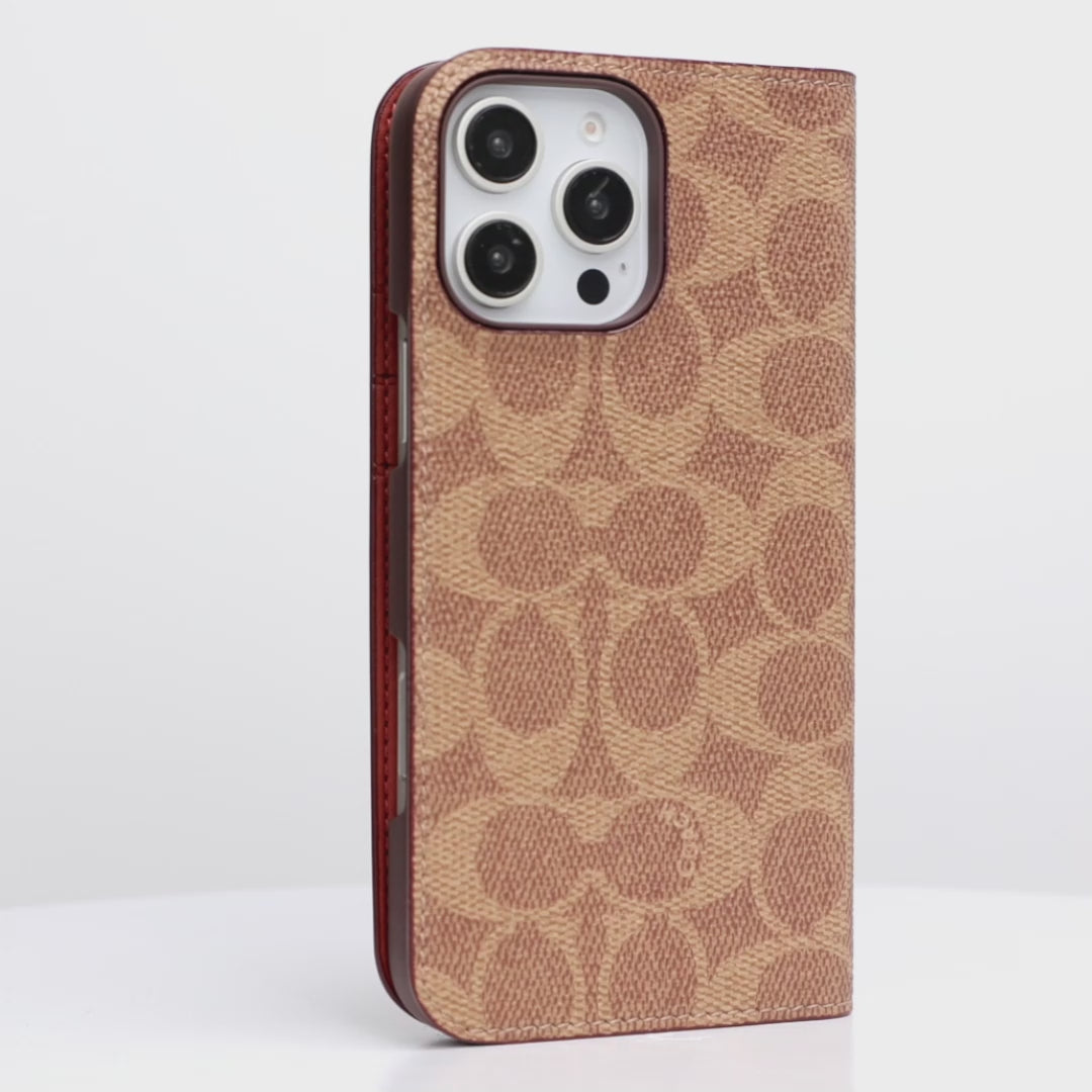 ROTATING Coach Folio Signature Tan - iPhone 16 CASE IN VIDEO