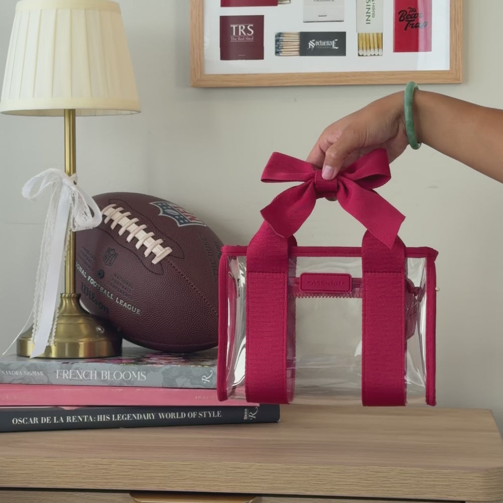 A video showcasing the stadium tote bag to show how big the product is and what all can fit inside
#color_varsity red bow