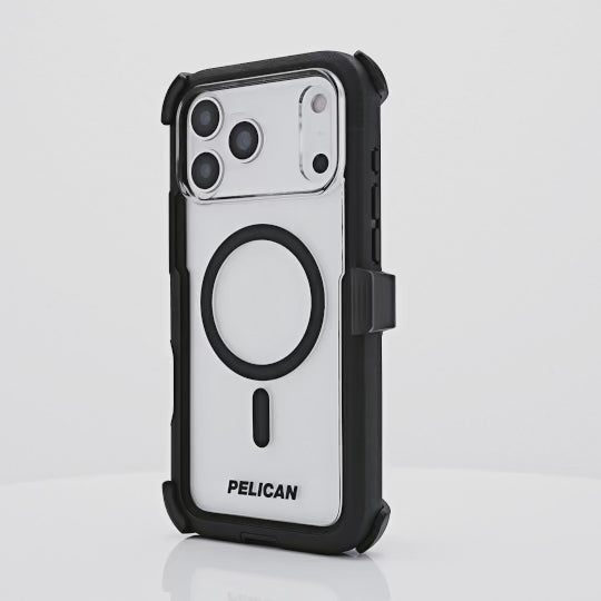 Rotating iPhone 17 showcasing Pelican Voyager Black / Clear Case