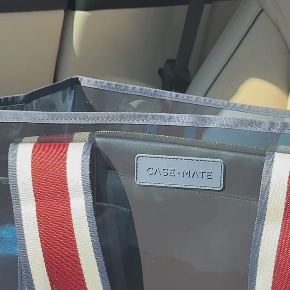 A packing video of the rugby stripe jelly tote bag in a car #color_navy rugby stripe