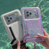 Waterproof floating pouch with zip pocket showing it's features by the pool #color_iridescent