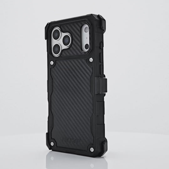 Rotating iPhone 17 showcasing Pelican Shield Carbon Fiber case