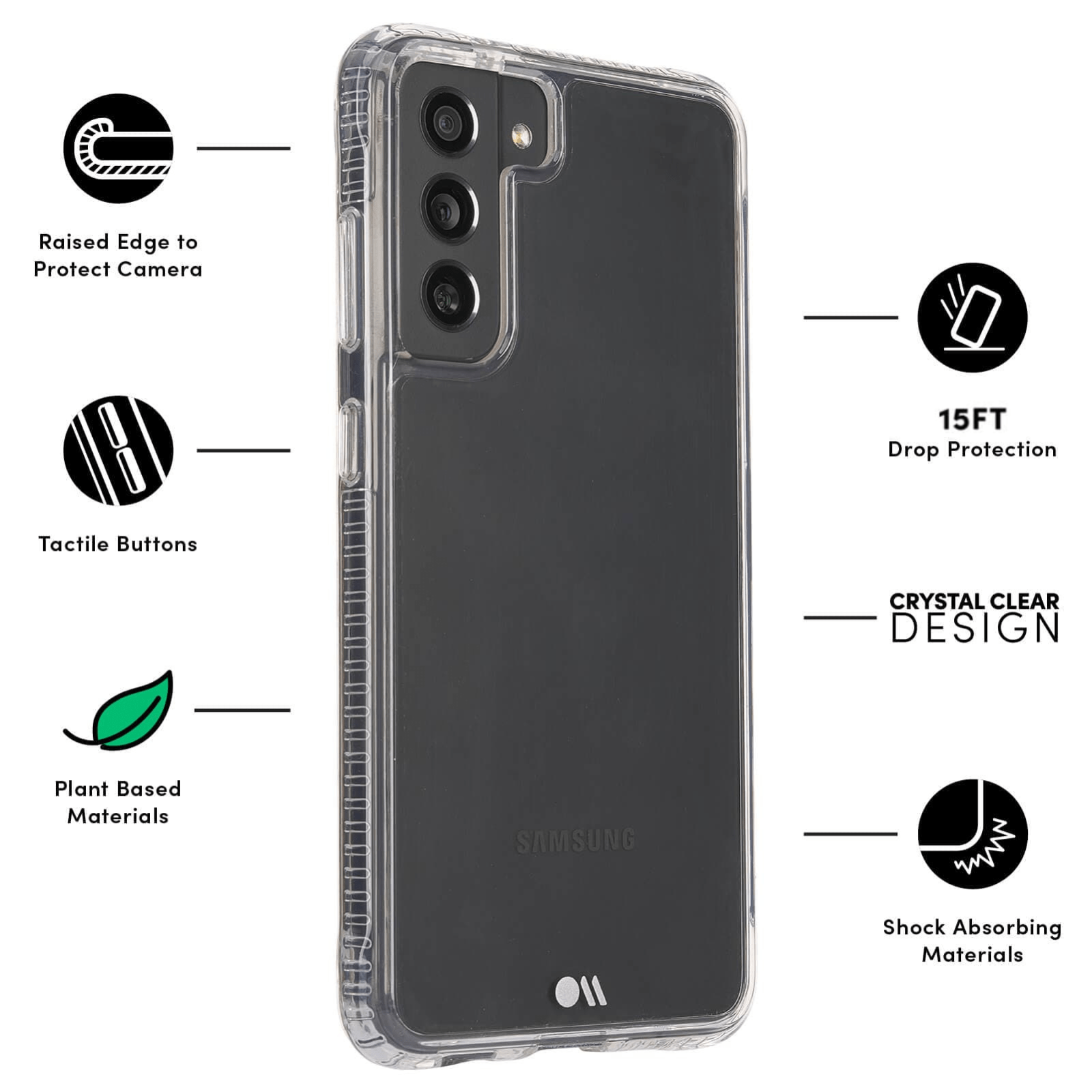 FEATURES: RAISED EDGE TO PROTECT CAMERA, TACTILE BUTTONS, PLANT BASED MATERIALS, 10FT DROP PROTECTION, CRYSTAL CLEAR DESIGN, SHOCK ABSORBING MATERIALS. COLOR::CLEAR