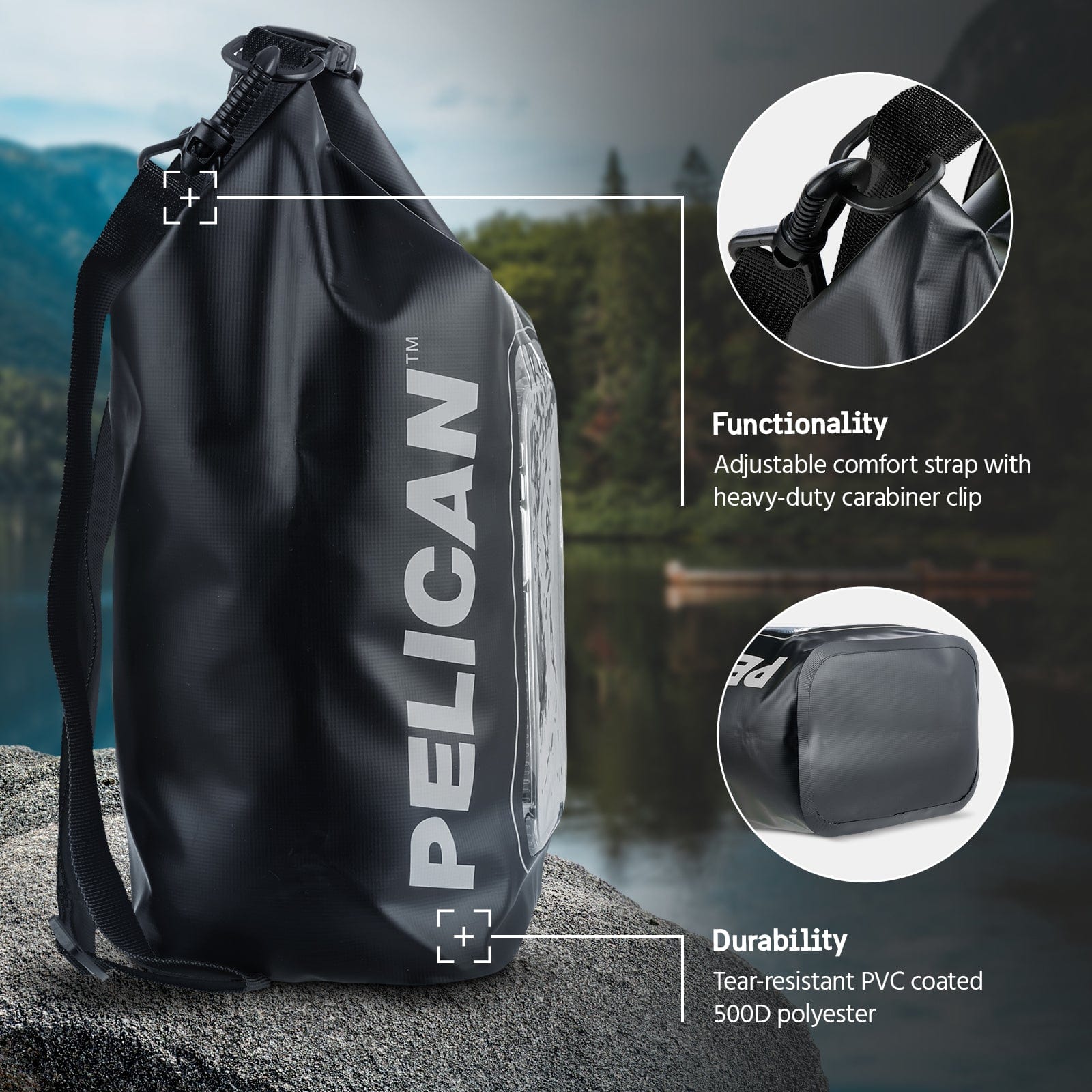 Functionality. Adjustable comfort strap with heavy duty carabiner clip. Durability - Tear resistant PVC coated polyester