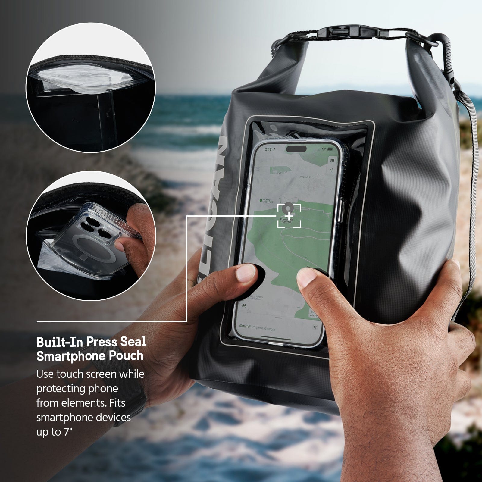 Built in Press Seal Smartphone Pouch. Use touch screen while protecting phone from elements. Fits smartphone devices up to 7"