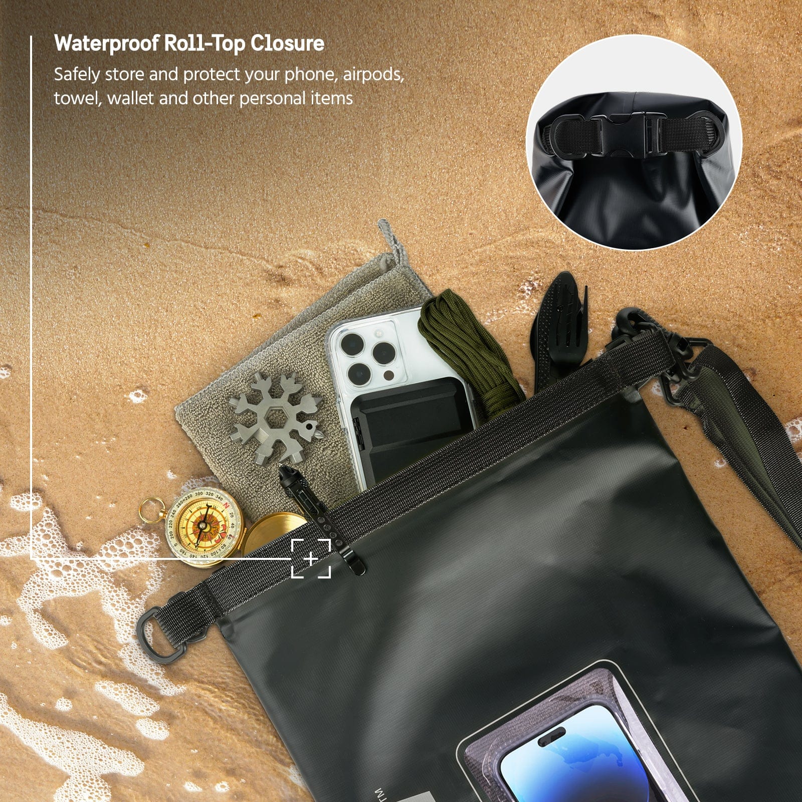 Waterproof Roll Top Closure. Safely store and protect your phone, airpods, towel. wallet, and other personal items.