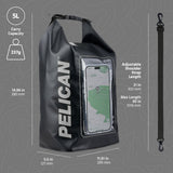 Black waterproof dry bag with phone pouch window, shoulder strap, and specifications labeled including 5L capacity and 237g w