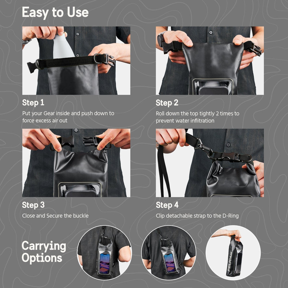Easy to use. Step 1: Put your hear inside and push down to force excess air out. Step 2: Roll down the top tightly 2 times to prevent water infiltration. Step 3: Close and secure the buckle. Step 4: Clip detachable strap to the D-ring.