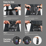 Easy to use. Step 1: Put your hear inside and push down to force excess air out. Step 2: Roll down the top tightly 2 times to prevent water infiltration. Step 3: Close and secure the buckle. Step 4: Clip detachable strap to the D-ring.
