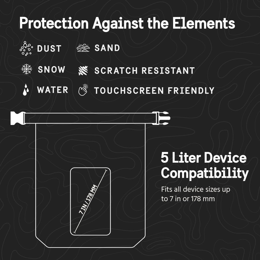 Black waterproof dry bag with shoulder strap showing protection icons for dust, sand, snow, water, and scratch resistance wit