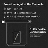 Black waterproof dry bag with shoulder strap showing protection icons for dust, sand, snow, water, and scratch resistance wit