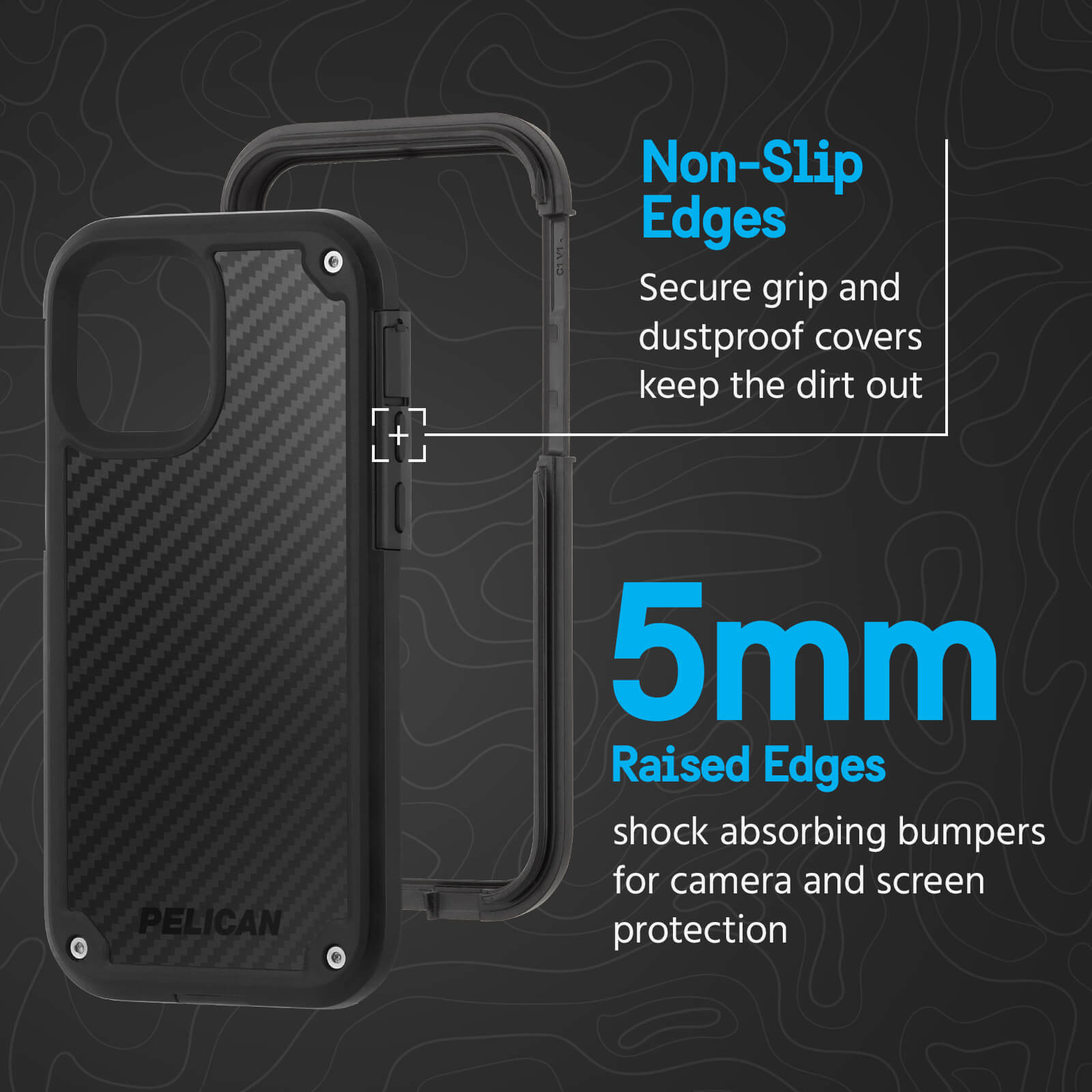 Non-slip edges secure grip and dustproof covers keep the dirt out. 5mm raised edges shock absorbing bumpers for camera and screen protection. color::Black