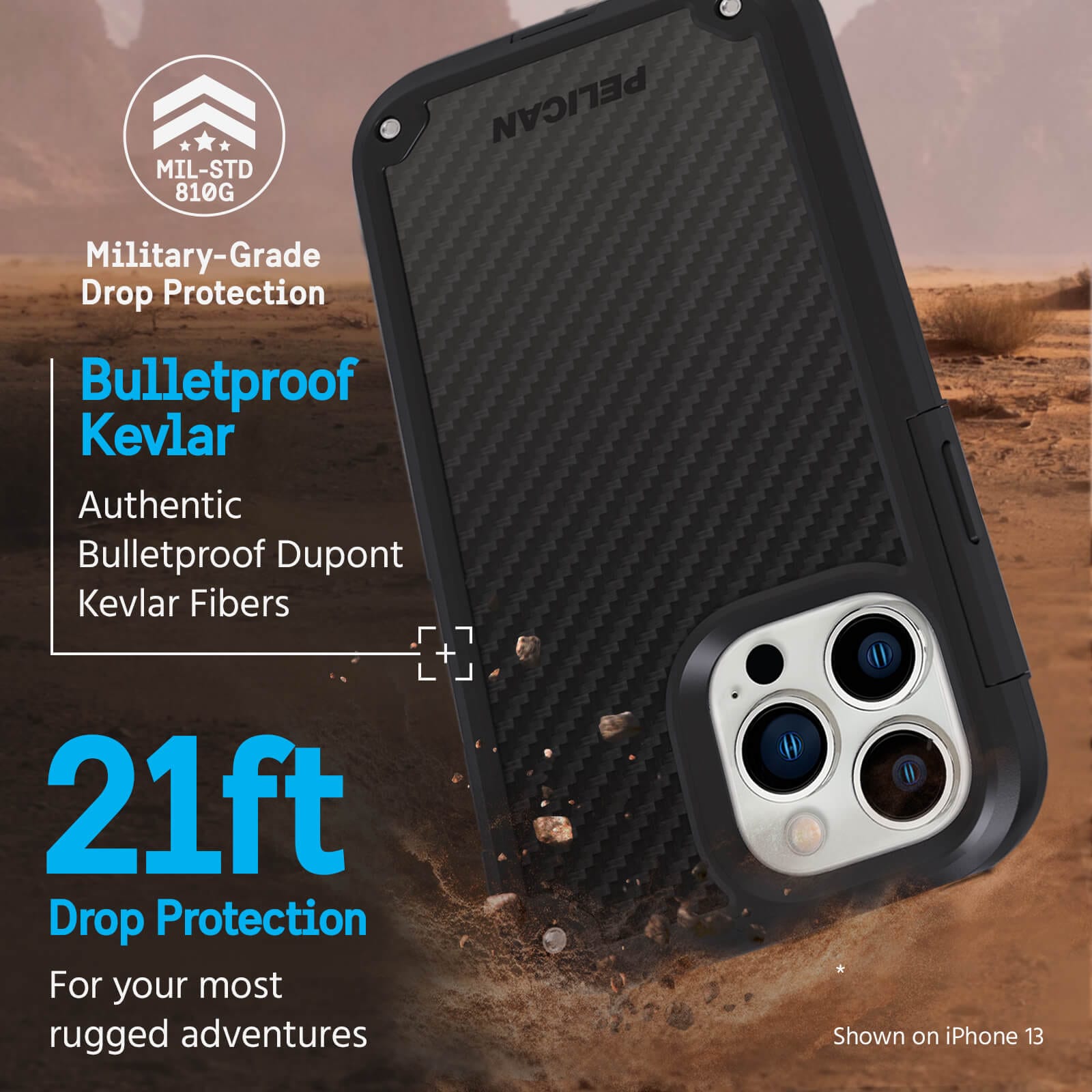 Military Grade Drop Protection. Bulletproof Kevlar. Authentic bulletproof dupont kevlar fibers. 21ft drop protection for your most rugged adventures. shown on iPhone 13. color::Black