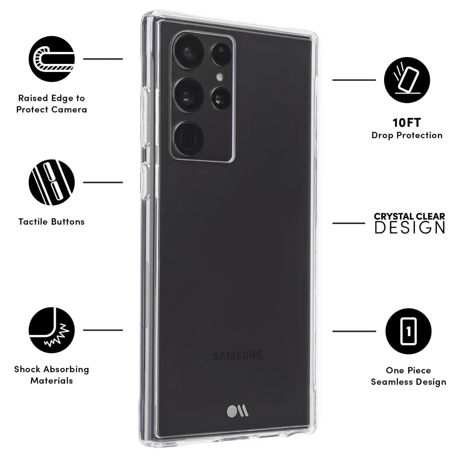 RAISED EDGE TO PROTECT CAMERA, TACTILE BUTTONS, SHOCK ABSORBING MATERIALS, 10FT DROP PROTECTION, CRYSTAL CLEAR DESIGN, ONE PIECE SEAMLESS DESIGN. COLOR::CLEAR