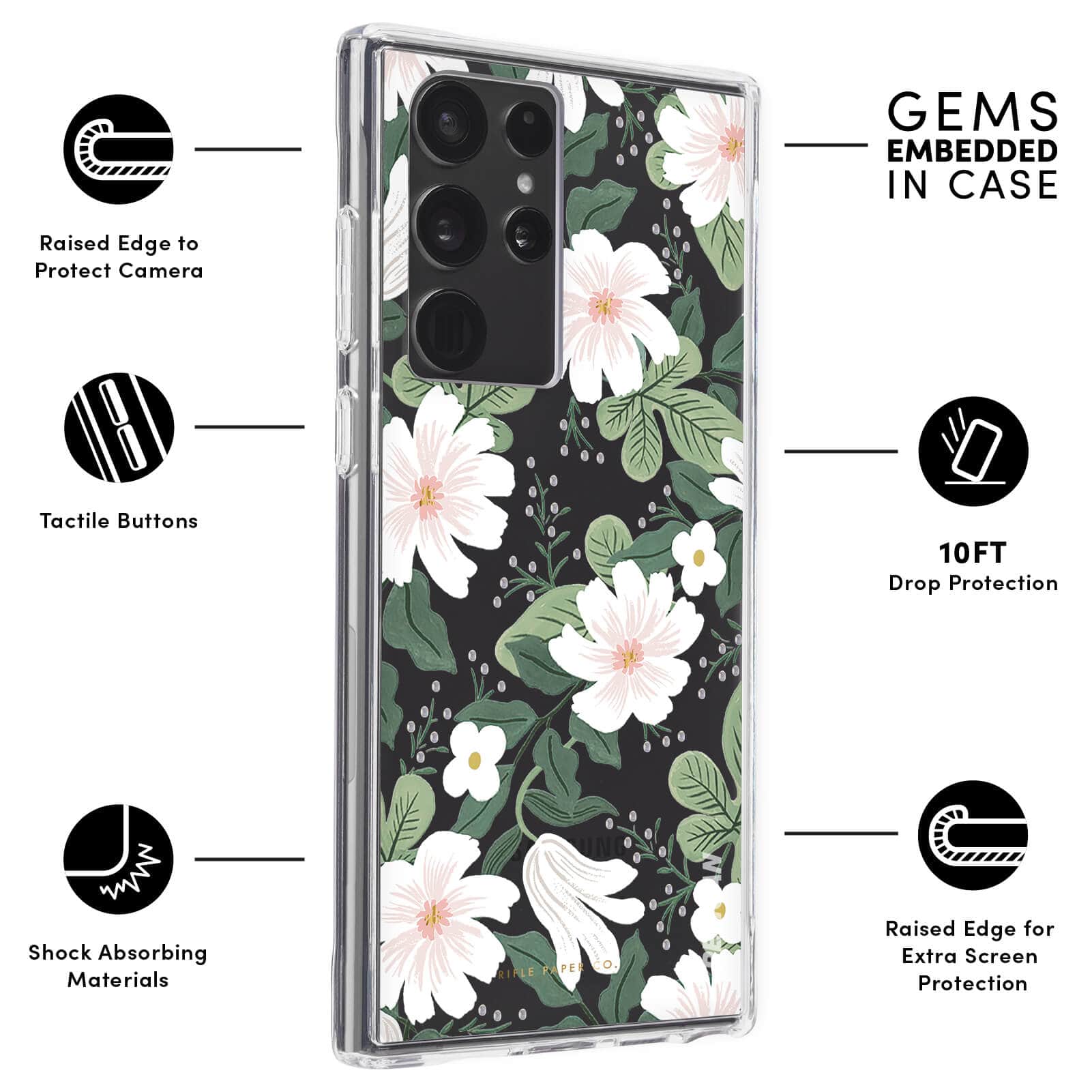 RAISED EDGE TO PROTECT CAMERA, TACTILE BUTTONS, SHOCK ABSORBING MATERIALS, GEMS EMBEDDED IN CASE, 10FT DROP PROTECTION, RAISED EDGE FOR EXTRA SCREEN PROTECTION. COLOR::WILLOW