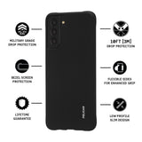 Features Military grade drop protection, bezel screen protection, lifetime guarantee, 10 FT drop protection, flexible sides for enhanced grip, low profile slim design. color::Black